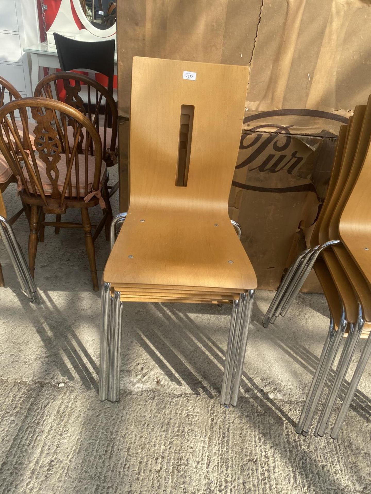 SIX BENTWOOD STACKING CHAIRS ON CHROME BASES