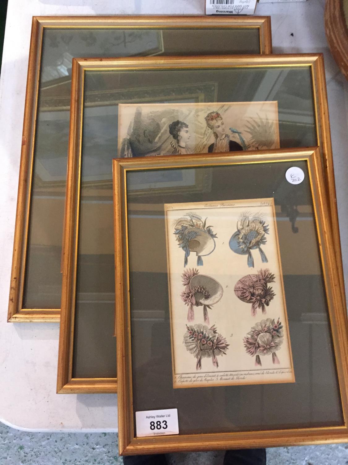 A PAIR OF GILT FRAMED 'LE FOLLET' ETCHINGS AND A FURTHER GILT FRAMED PICTURE OF EXAMPLES OF FRENCH