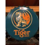 A METAL WALL HANGING 'TIGER BEER' BOTTLE CAP SIGN