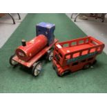 TWO WOODEN PUSH ALONG TOYS ONE BEING A TRAIN AND THE OTHER A LONDON BUS A/F