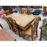 AN UNUSUAL 'KEENPINE' PINE ROPE EDGE DINING TABLE WITH ROPE EDGE, 72x35" AND SIX CHAIRS WITH LATTICE