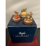 THREE BORDER FINE ARTS MOUSE FIGURINES ON PLINTHS WITH CORN, CHESTNUTS AND RASPBERRIES ALL SIGNED