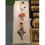 A SET OF FOUR UNFRAMED CANVAS PICTURES DEPICTING LADIES