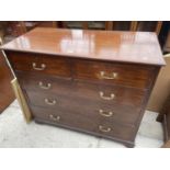 AN EDWARDIAN MAHOGANY INLAID CHEST OF TWO SHORT AND THREE LONG DRAWERS W: 48 INCHES