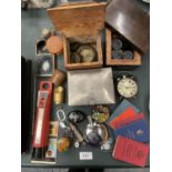 AN ECLECTIC ASSORTMENT OF ITEMS TO INCLUDE A CLOISONNE SNAIL, VINTAGE DRIVING LICENCES ETC