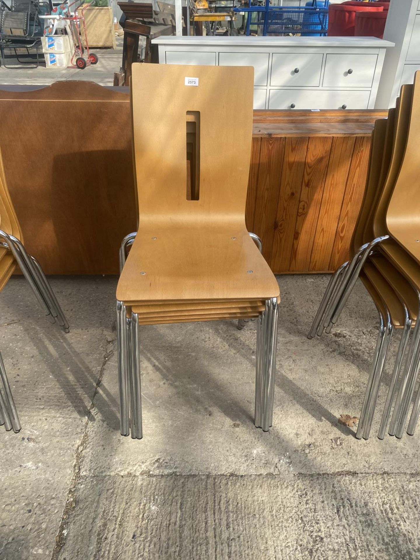 SIX BENTWOOD STACKING CHAIRS ON CHROME BASES