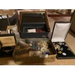 AN ASSORTMENT OF ITEMS TO INCLUDE BOXED MINIATURE PERFUMES, COSTUME JEWELLERY, MINIATURE GLASS