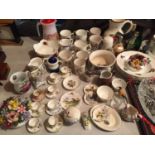 A LARGE COLLECTION OF CERAMICS AND GLAS WARE TO INCLUDE MINIATURE CUPS AND SAUCERS, COMMEMORATIVE