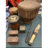 AN ASSORTMENT OF ITEMS TO INCLUDE BONGOS, OXO AND TEA TINS, CARPET BEATER ETC