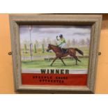 A FRAMED PRINT ON BOARD DEPICTING STEEPLE CHASE WINNER AT UTTOXETER SIGNED P ENGLISH 38CM X 35CM