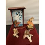 THREE CERAMIC MOUSE FIGURINES WITH TOADSTOOLS AND A CLOCK (A/F)