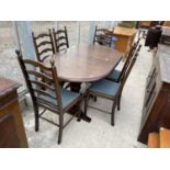 AN ERCOL STYLE EXTENDING DINING TABLE WITH OVAL ENDS AND LADDER-BACK CHAIRS 56" X 35" (PLUS 14.5"