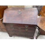 A GEORGE III OAK AND CROSSBANDED BUREAU WITH FITTED INTERIOR W: 38 INCHES