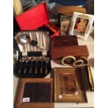 AN ASSORTMENT OF ITEMS TO INCLUDE GAMES, PHOTO FRAMES, BOXED FRUIT SPOON SET, GILT FRAMED PORTRAIT