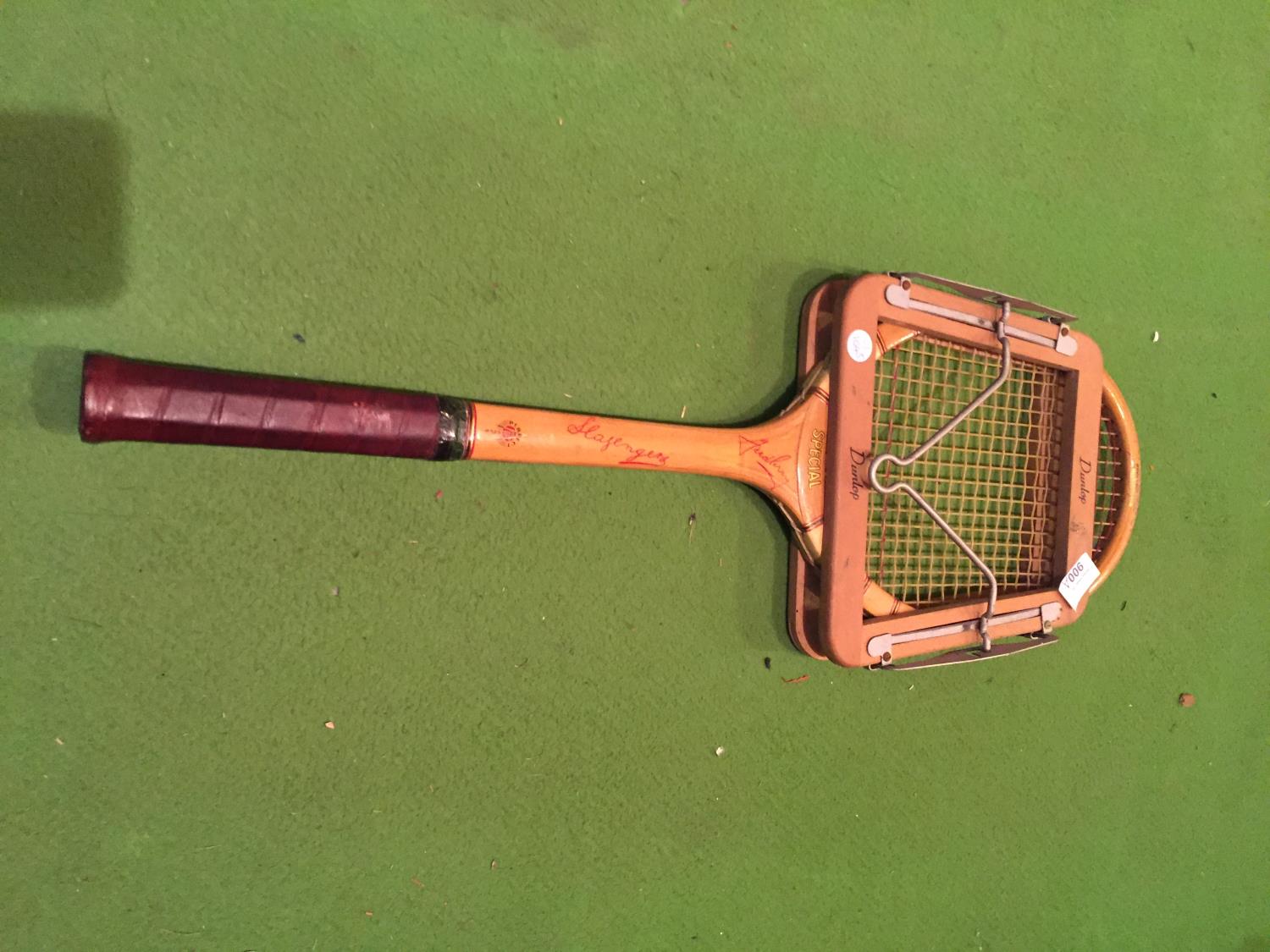 A VINTAGE SPECIAL FRED PERRY SLAZENGER PERFECT BALANCE TENNIS RACKET AND A DUNLOP RACKET STRING