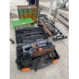 AN ASSORTMENT OF ITEMS TO INCLUDE A BELT SANDER, A MITRE SAW AND HARDWARE STORAGE CHESTS