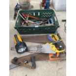 AN ASSORTMENT OF HAND TOOLS TO INCLUDE SAWS, A SICKLE AND TROWELS ETC