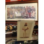 A WOODEN FRAMED SIGNED GOLFING PRINT 'THE CLUBHOUSE - NINE UNDER PAR?' AND A UNFRAMED VANITY FAIR