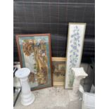 TWO JARDINIERE STANDS, TWO FRAMED TAPESTRIES AND A FURTHER FRAMED PRINT