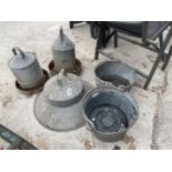 A QUANTITY OF GALVANISED POULTRY FEEDERS AND BUCKETS
