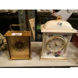 A CANTERBURY CARRIAGE CLOCK AND CERAMIC QUARTZ MANTEL CLOCK WITH FLORAL DECORATION