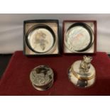 TWO BOXED MOUSE PAPERWEIGHTS AND TWO METAL TRINKET BOXES