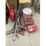 AN ASSORTMENT OF ITEMS TO INCLUDE GARDEN TOOLS, FUEL CANS AND A WATERING CAN ETC
