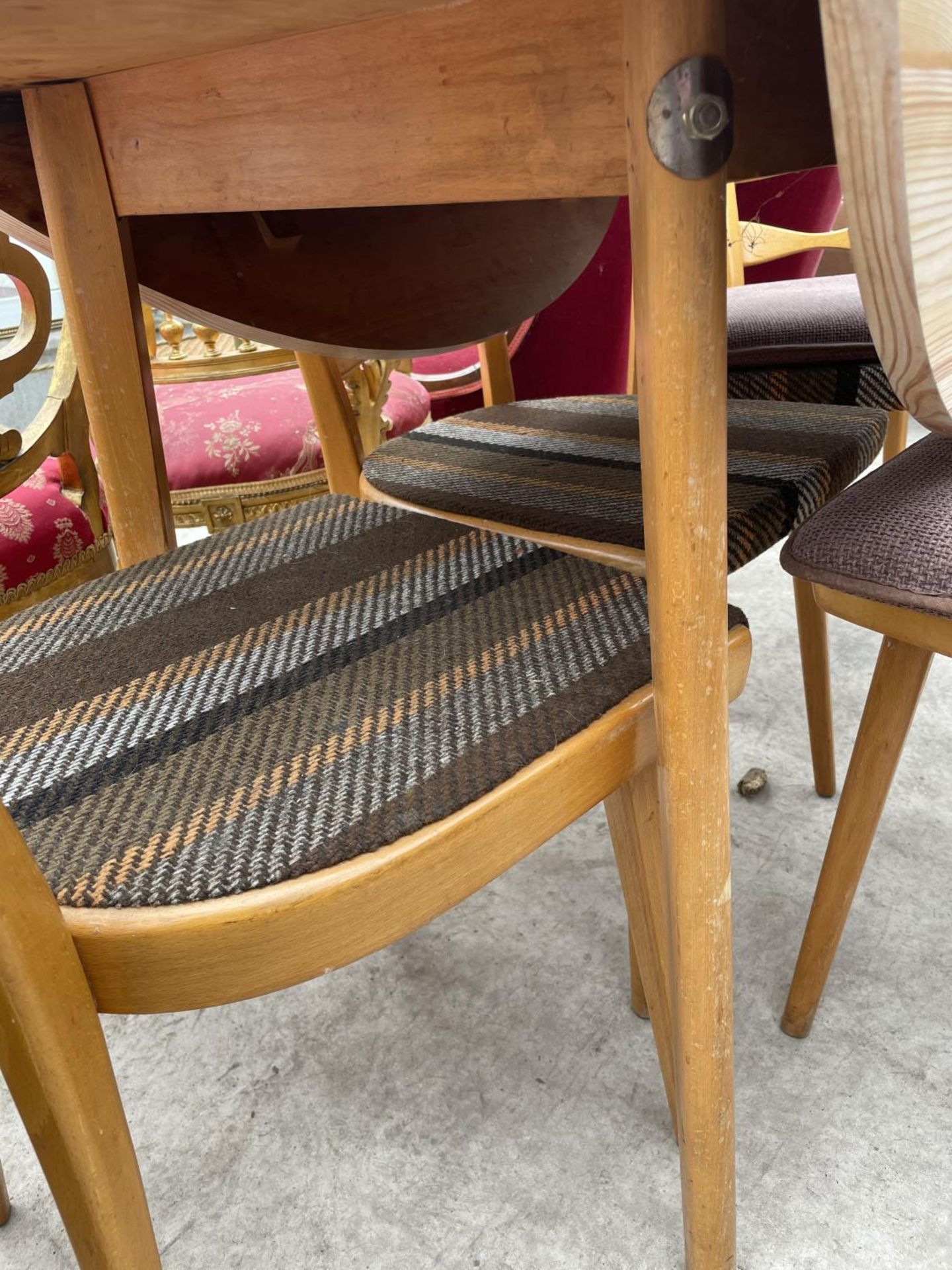 FOUR SARDAN LADDER BACK KITCHEN CHAIRS UPHOLSTERED IN MERKALON AND A DROP LEAF TABLE - Image 3 of 5