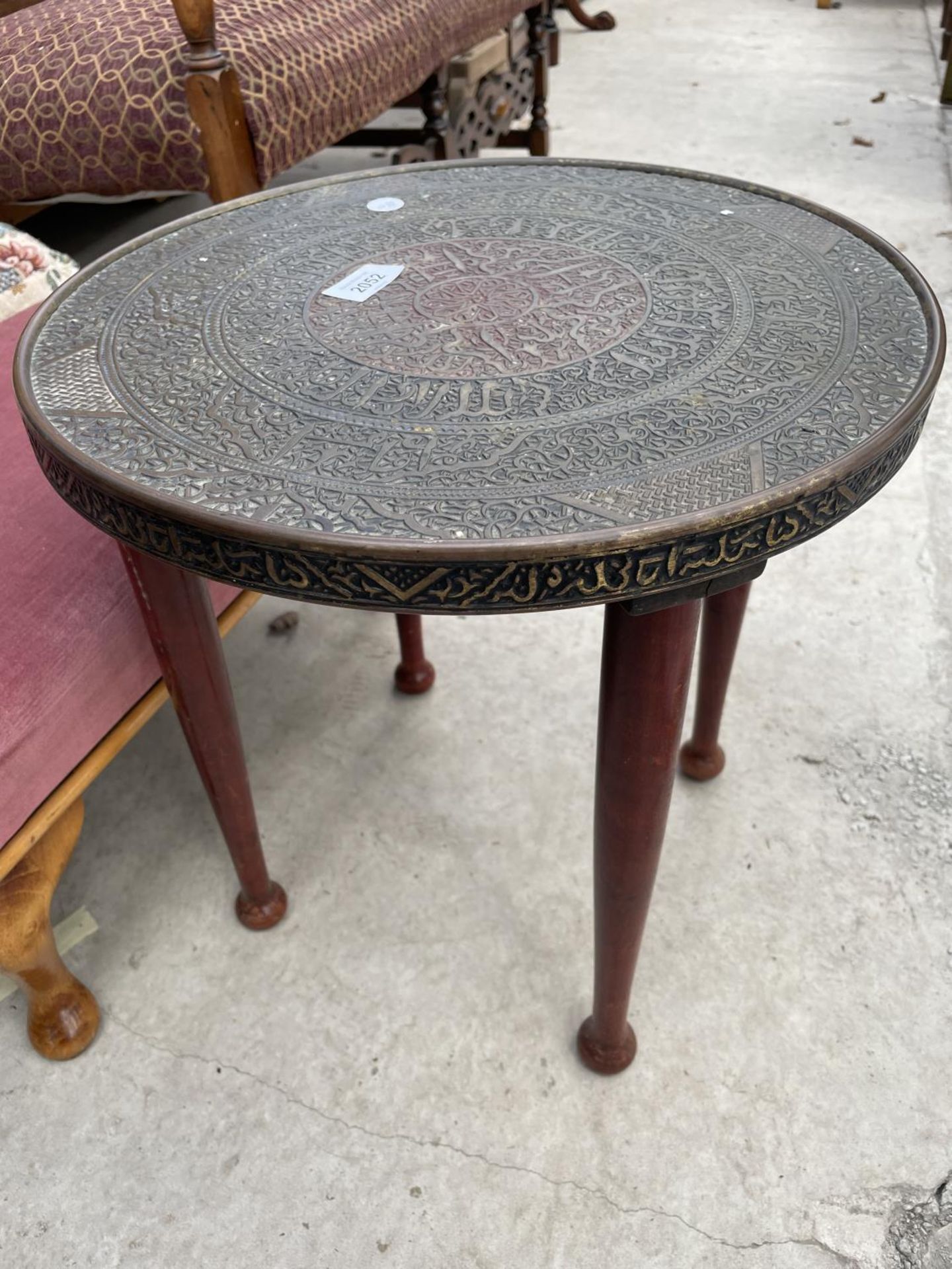 AN EMBOSSED BRASS OCCASIONAL TABLE, BOX STOOL AND STOOL ON CABRIOLE LEGS - Image 2 of 4