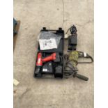 AN ASSORTMENT OF POWER TOOLS TO INCLUDE A RYOBI DRILL, A SANDER ETC