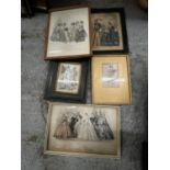 FIVE FRAMED EARLY PICTURES OF LADIES IN PERIOD DRESS