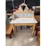 A VICTORIAN PINE MARBLE TOP WASHSTAND WITH TILES AND MIRRORED BACK, 36"WIDE