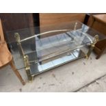 A MODERN GLASS TOP COFFEE TABLE WITH MIRRORED LOWER TIER AND SWAN NECK TYPE SUPPORTS, 46x25"