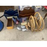 AN ASSORTMENT OF ITEMS TO INCLUDE MAGAZINE RACKS, SHOE STRETCHERS AND SHOES ETC