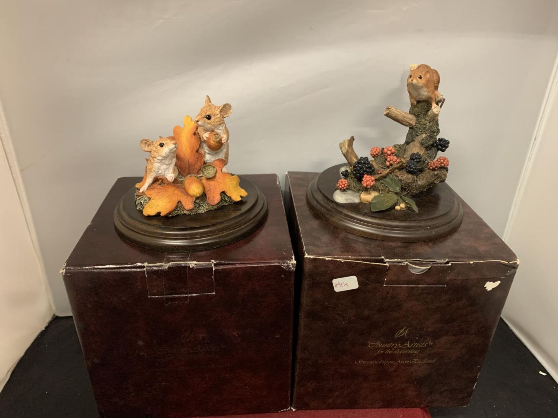 TWO COUNRTY ARTISTS MOUSE FIGURINES ON WOODEN PLINTHS WITH BOXES (NOT GUARANTEED MATCHING)