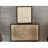 TWO FRAMED TECHNICAL DRAWINGS OF A NINE AND A HALF FALMOUTH PILOT