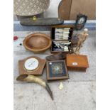 AN ASSORTMENT OF ITEMS TO INCLUDE A TREEN BOWL, FLAT WARE AND A HORN ETC
