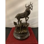 A BRONZE IN THE FORM OF A STAG AND FAWN MOUNTED ON A WOODEN BASE H:APPROXIMATELY 28CM