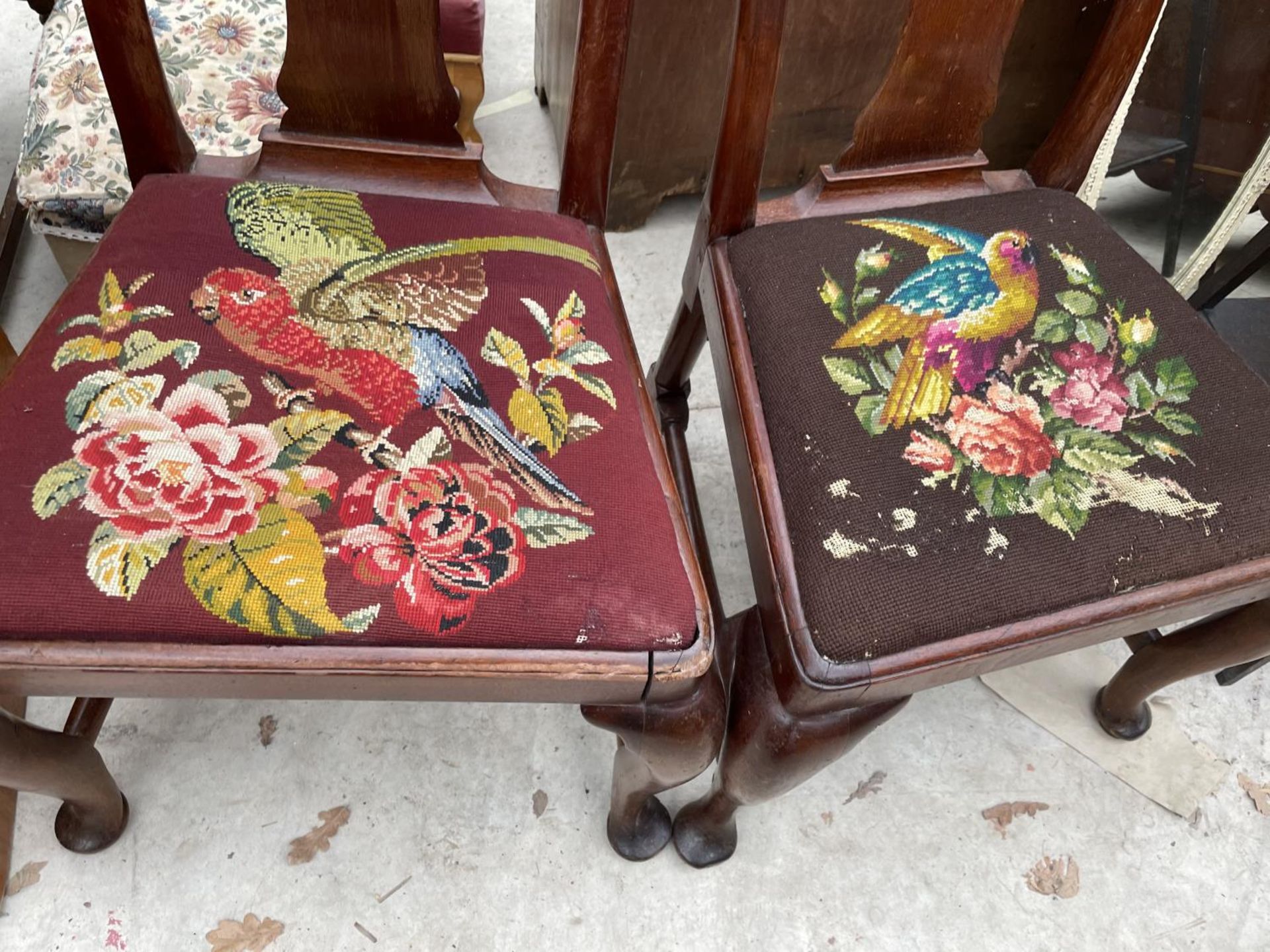 A PAIR OF QUEEN ANNE STYLE DINING CHAIRS, THE TAPERED SEATS WITH EXOTIC BIRD DECORATION - Image 3 of 5