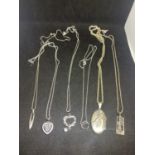 SIX SILVER NECKLACES WITH PENDANTS TO INCLUDE A ST CHRISTOPHER, LOCKET, HEARTS, CROWN ETC
