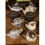 NINE ASSORTED TEAPOTS TO INCLUDE TWO METAL EXAMPLES AND A LARGE BLUE AND WHITE TEA POT ETC