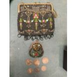 A VINTAGE BEADED HANDBAG AND PURSE WITH THREE WORN PENNIES AND THREE WORN HALF PENNIES