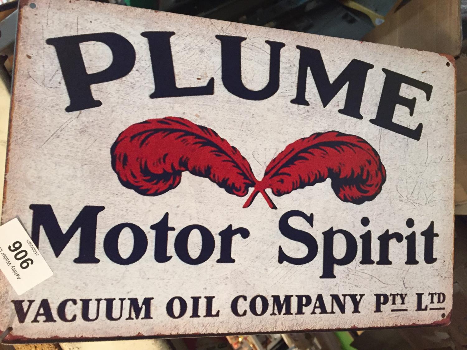 A TIN METAL MAN CAVE/GARAGE SIGN 'PLUME MOTOR SPIRIT' 20CM X 30CM