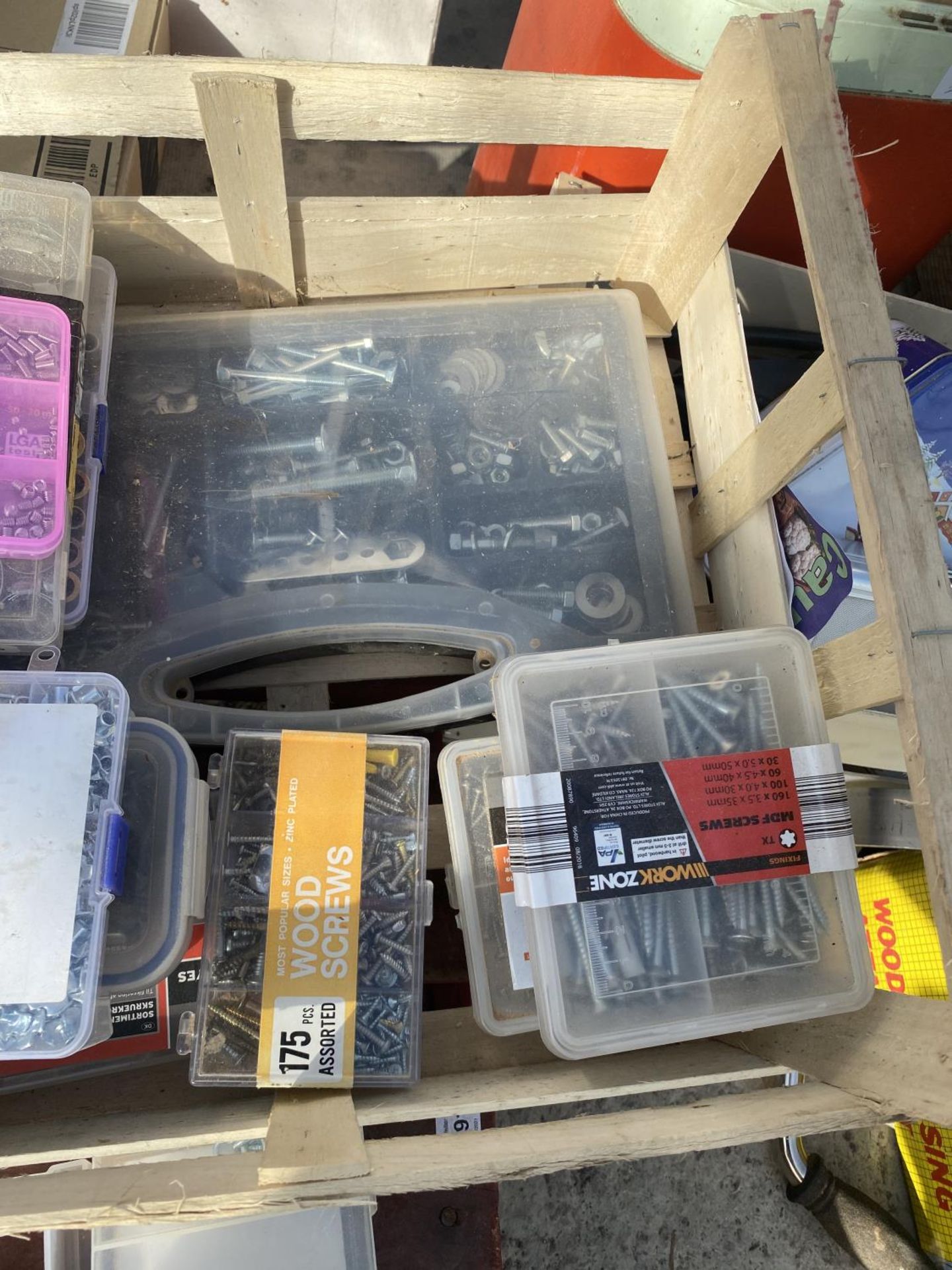 A BOX CONTAINING A LARGE QUANTITY OF SCREWS, NUTS, BOLTS, SANDING BELTS ETC NO VAT - Image 6 of 6