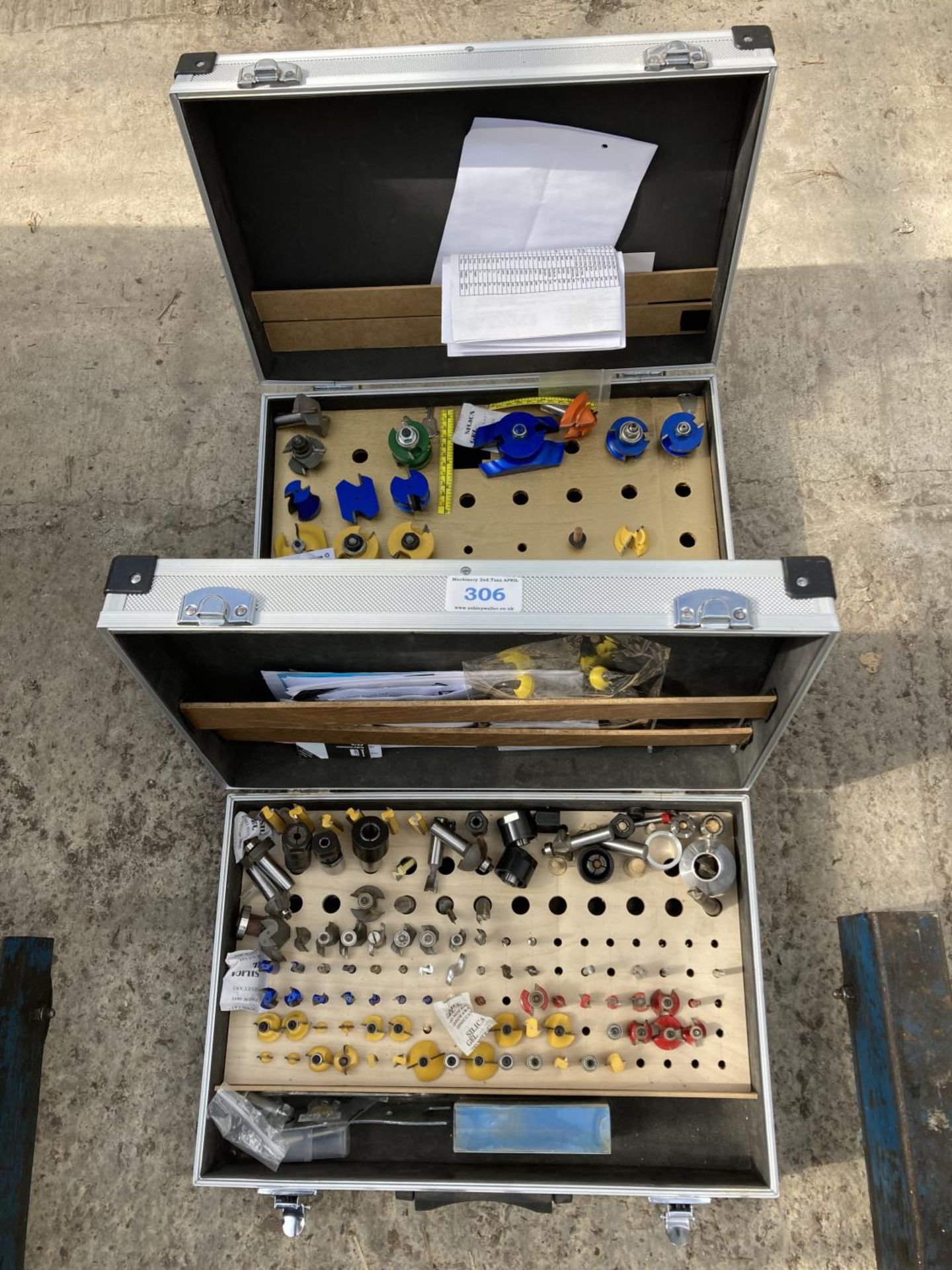 TWO TOOL BRIEFCASES TO INCLUDE A ROUTER CUTTER AND PROFILE AND FURTHER CUTTERS NO VAT