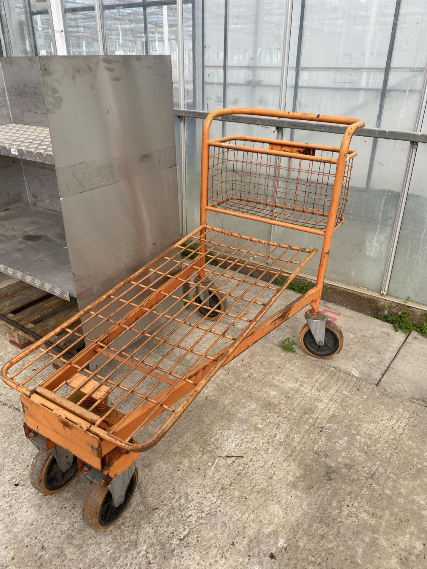 A METAL SHELVING UNIT AND A FOUR WHEELED TROLLEY NO VAT - Image 2 of 4