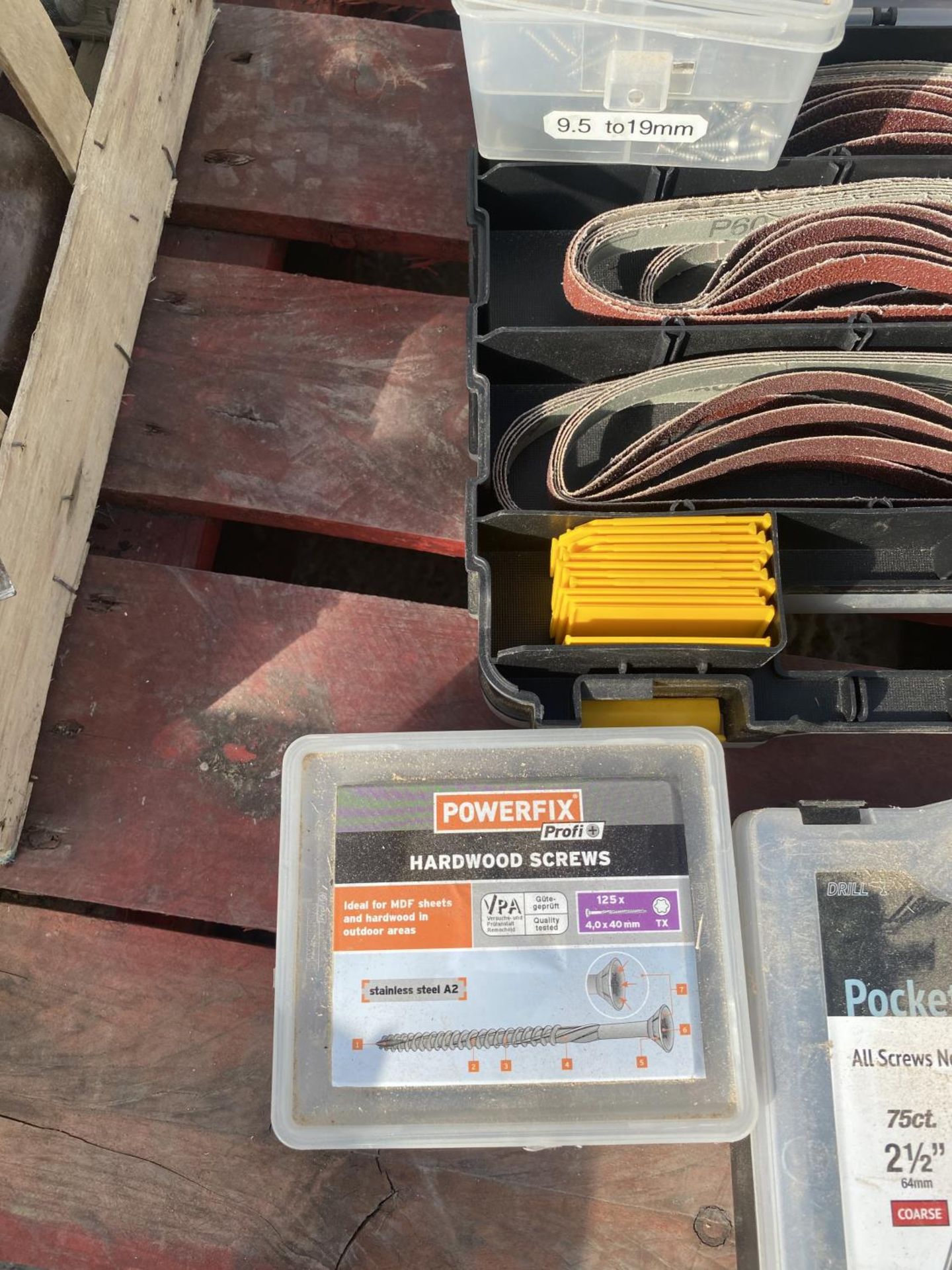 A BOX CONTAINING A LARGE QUANTITY OF SCREWS, NUTS, BOLTS, SANDING BELTS ETC NO VAT - Image 3 of 6