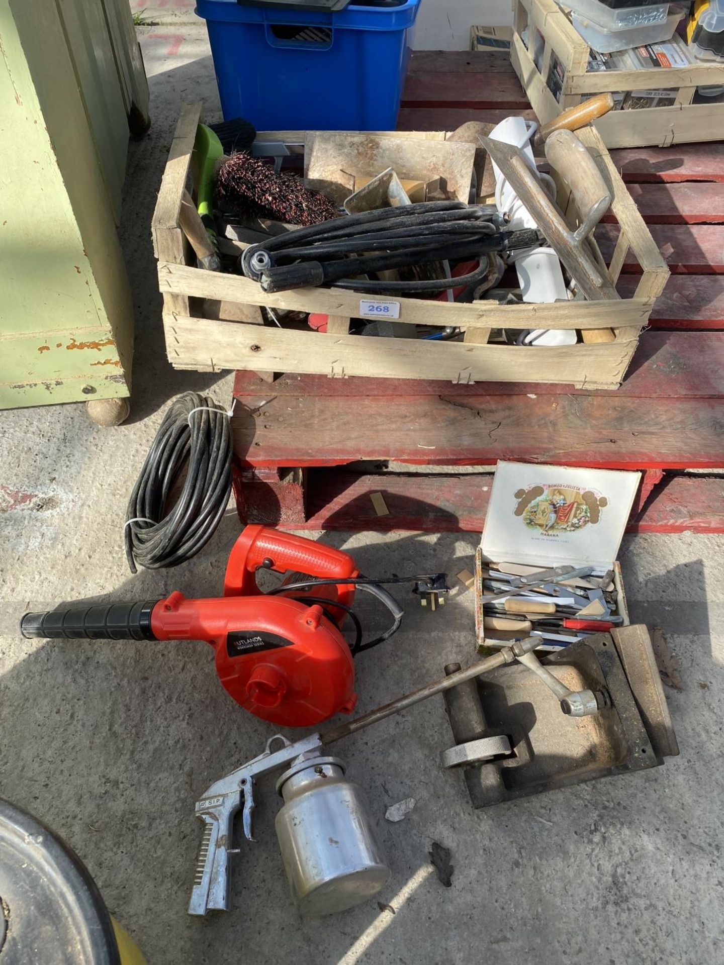 A BOX CONTAINING A PRESS, BLOWER, SPRAYER ETC NO VAT