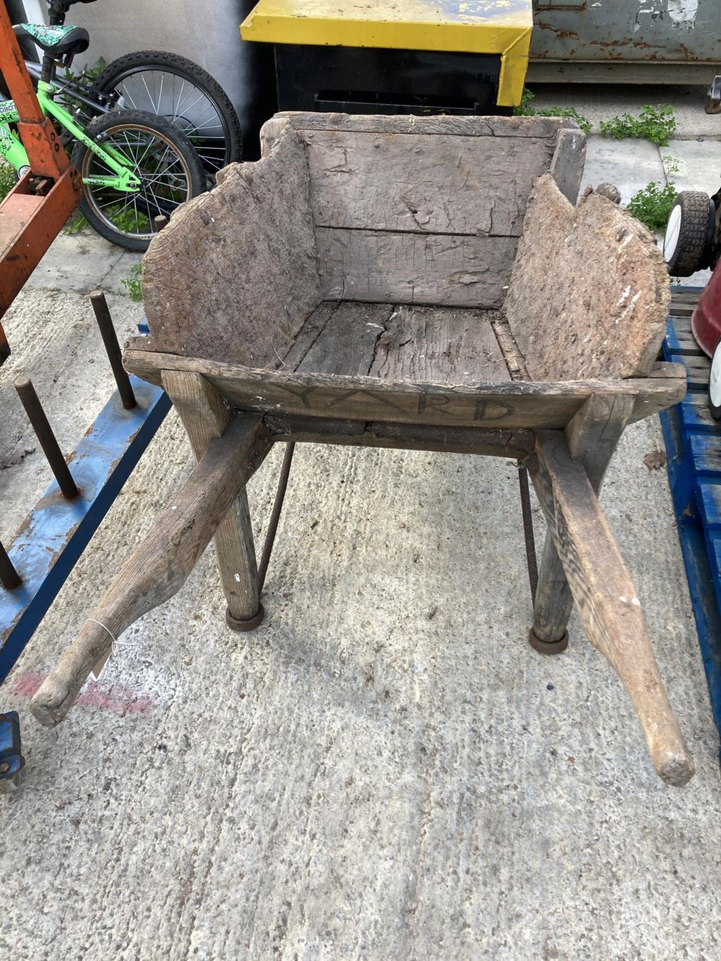 A VINTAGE WOODEN WHEELBARROW + VAT