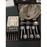 A BOXED WALKER & HALL EPNS DESSERT SET AND A BOX OF SIX EPNS CAKE FORKS